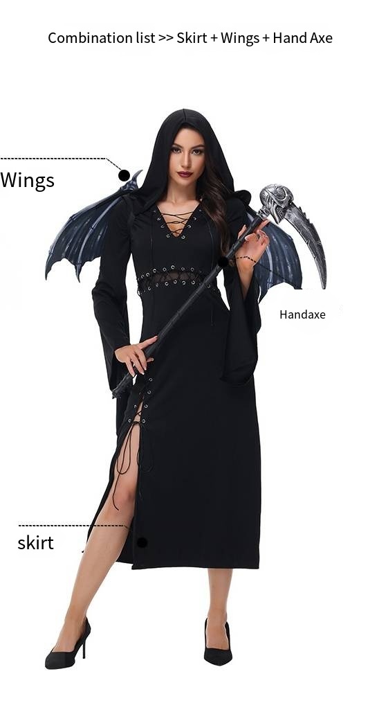 Gothic Black Hooded Long Dress - Women Witch Vampire Bride Costume